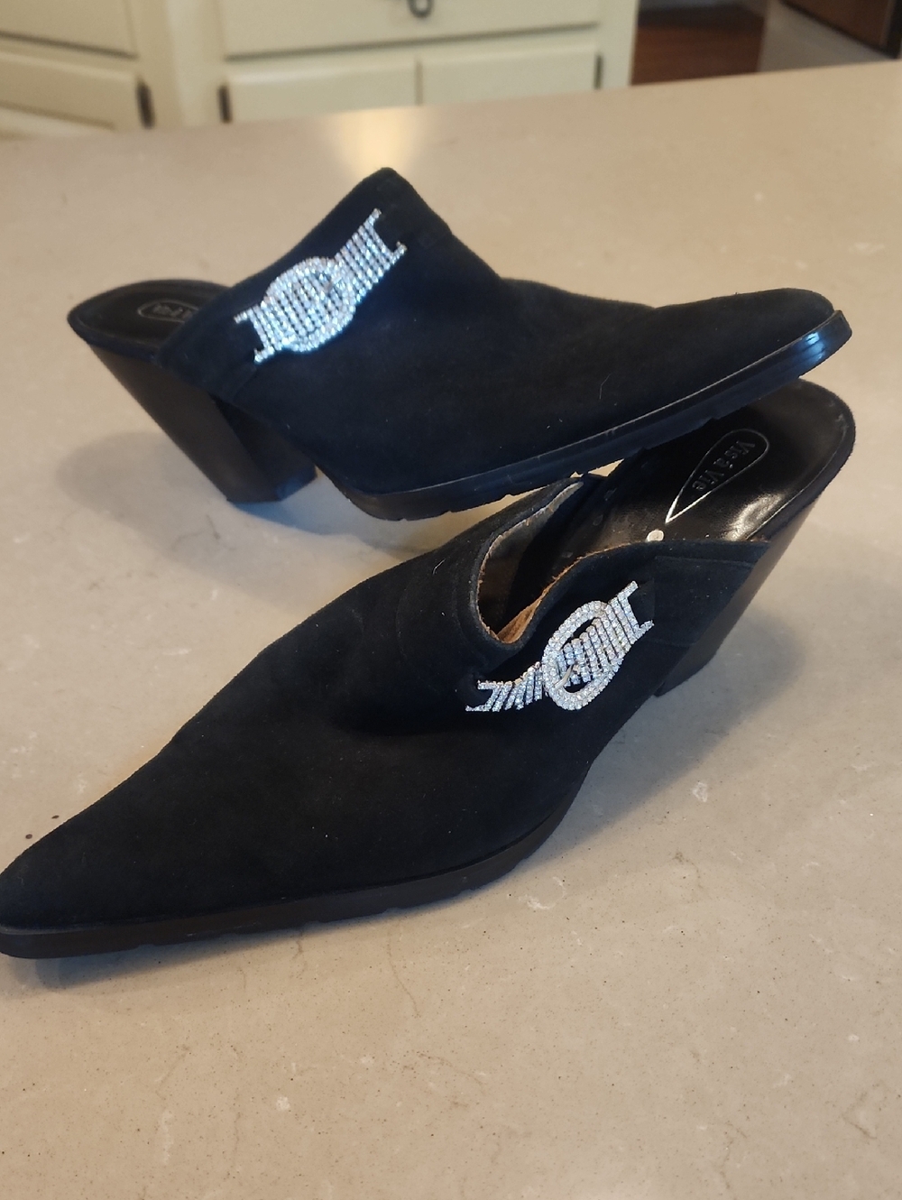 Vintage Black Suede Pointed Slip-On Mules with Crystal Accent Sz9